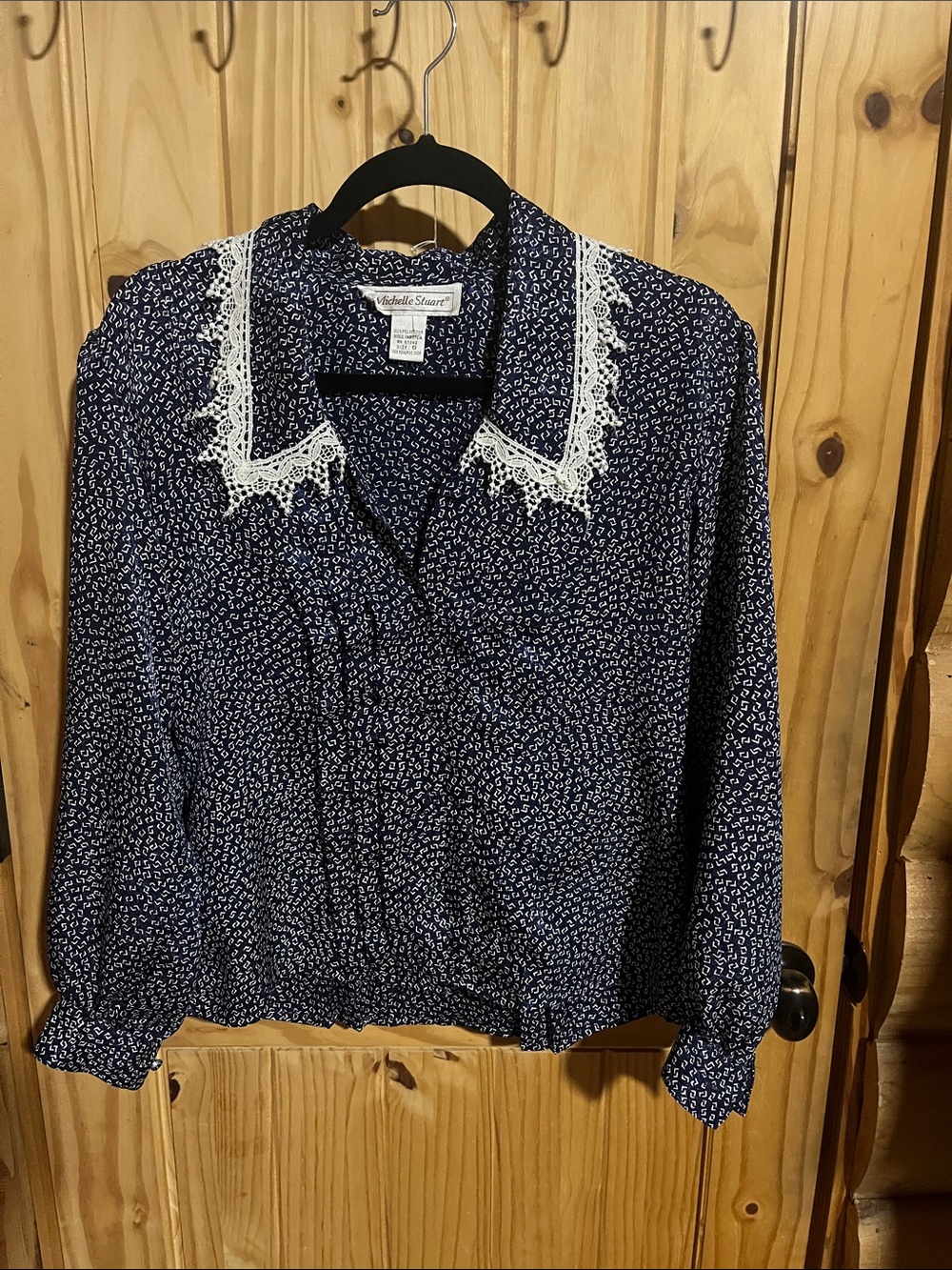 Michelle Stuart Vintage Navy Printed Satin Blouse with White Lace Collar